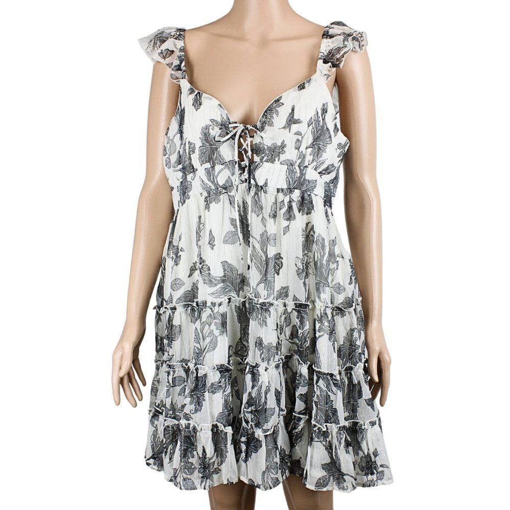 Lace-up Bodice Dress Ruffled Straps Tiered Ruffle Skirt Floral Bkack & White LG